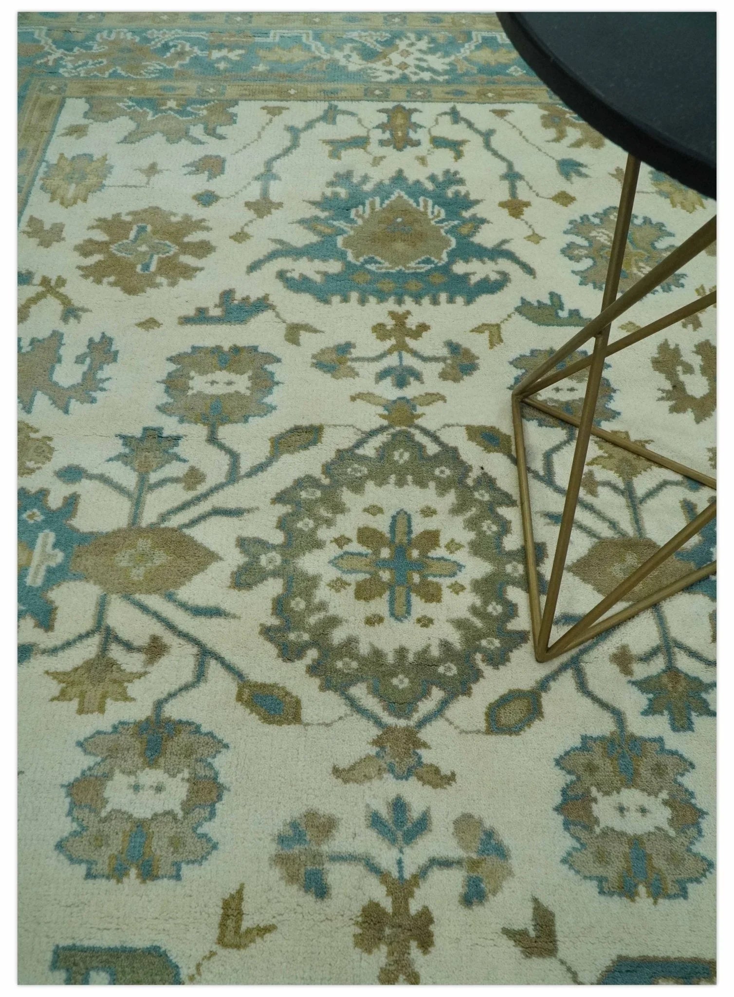 Hand Knotted Ivory, Teal and Beige Traditional Oriental Oushak Multi Size wool rug - The Mayfair Hall