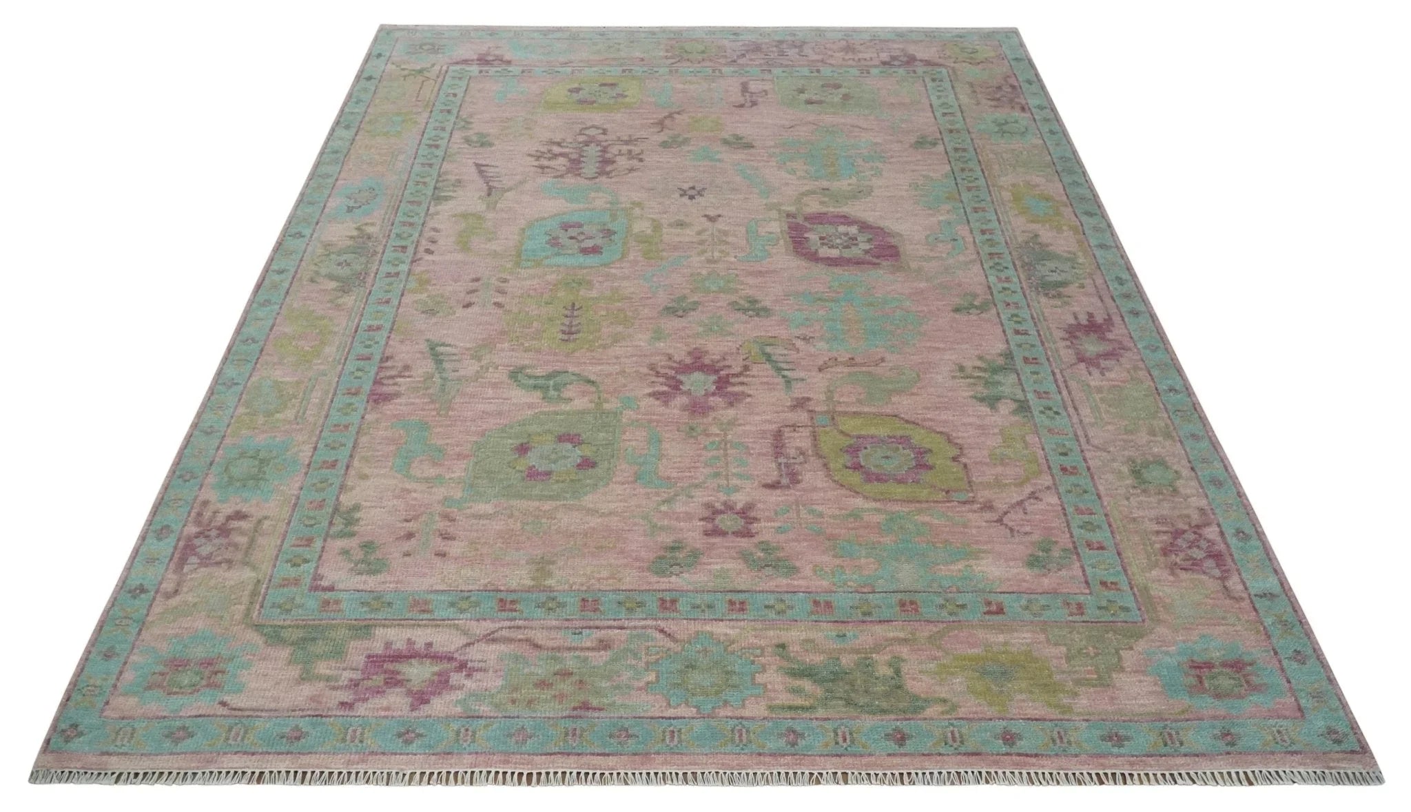 Hand Knotted Pink, Aqua and Purple Vibrant colorful Multi Size Oushak Wool Area Rug - The Mayfair Hall