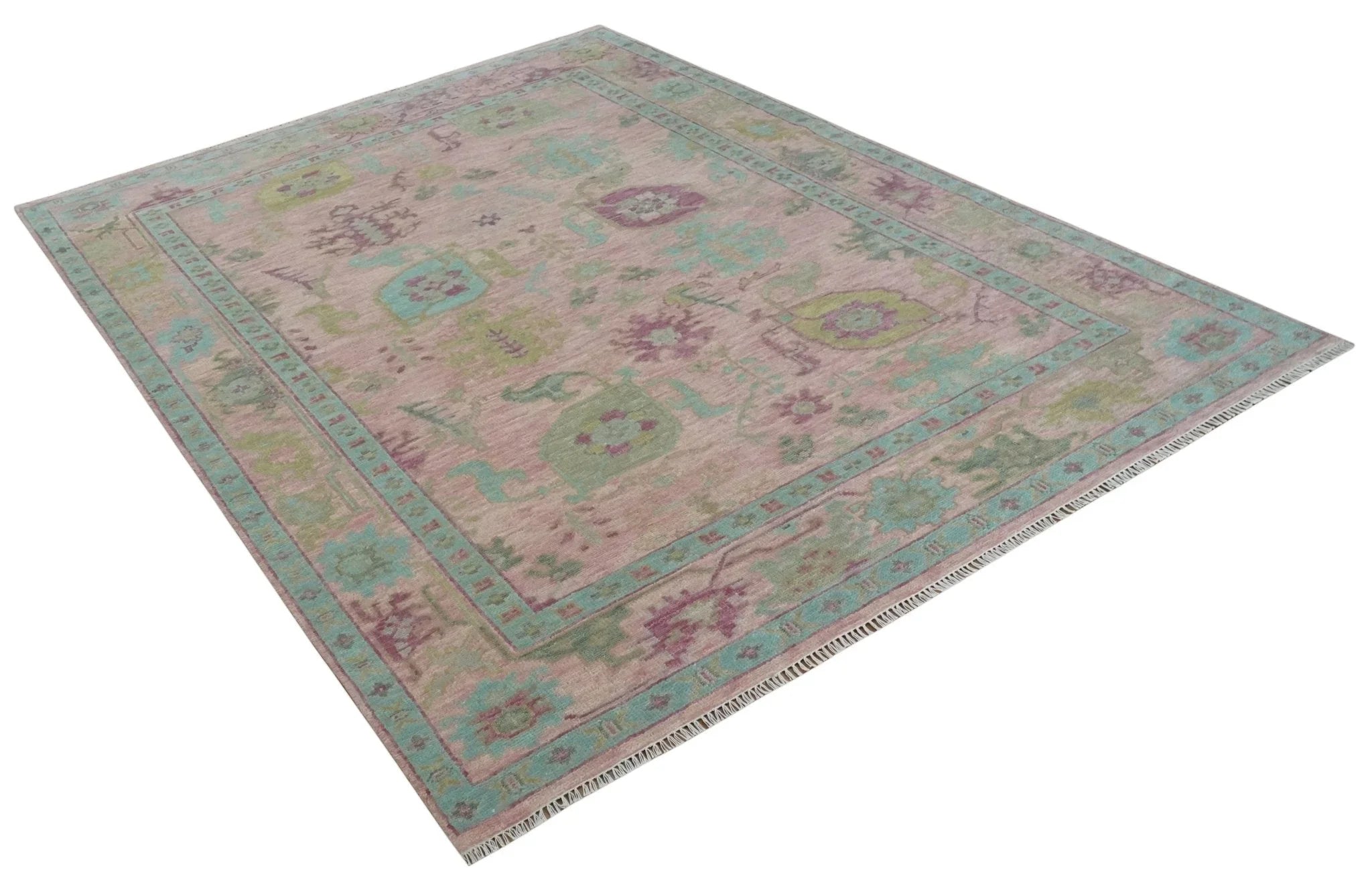 Hand Knotted Pink, Aqua and Purple Vibrant colorful Multi Size Oushak Wool Area Rug - The Mayfair Hall