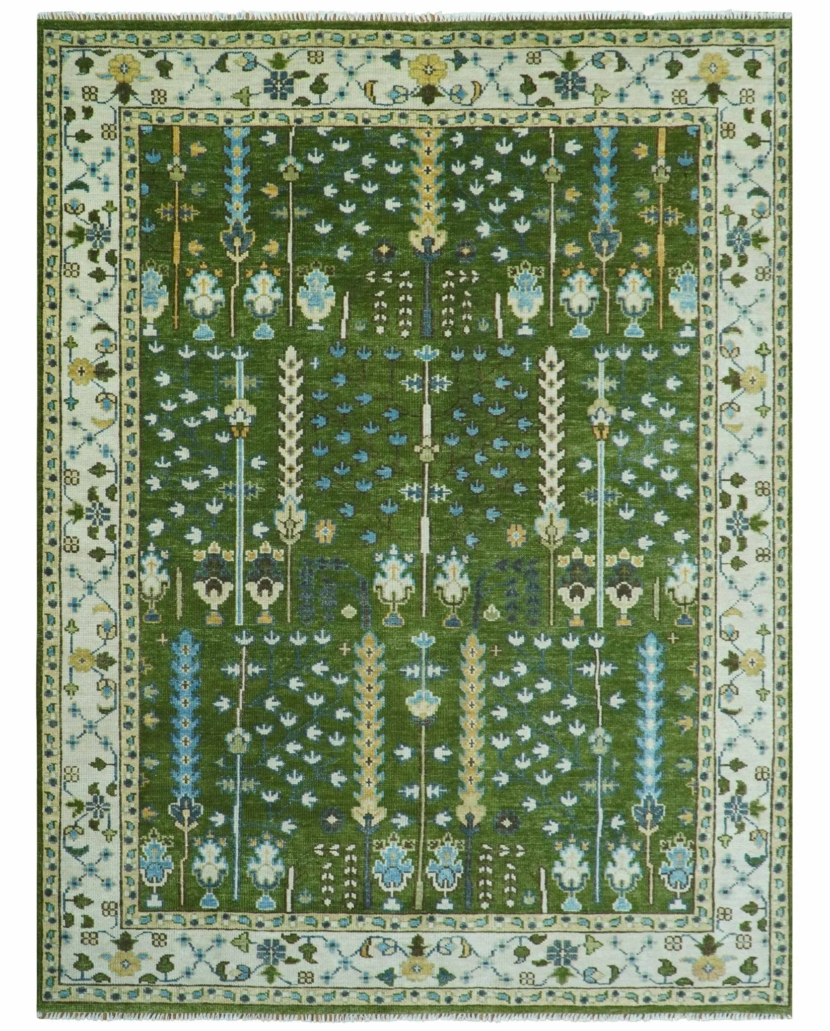 Hand Knotted Royal Green and Ivory Traditional Turkish Style Tree Of Life Multi Size Wool Area Rug - The Mayfair Hall