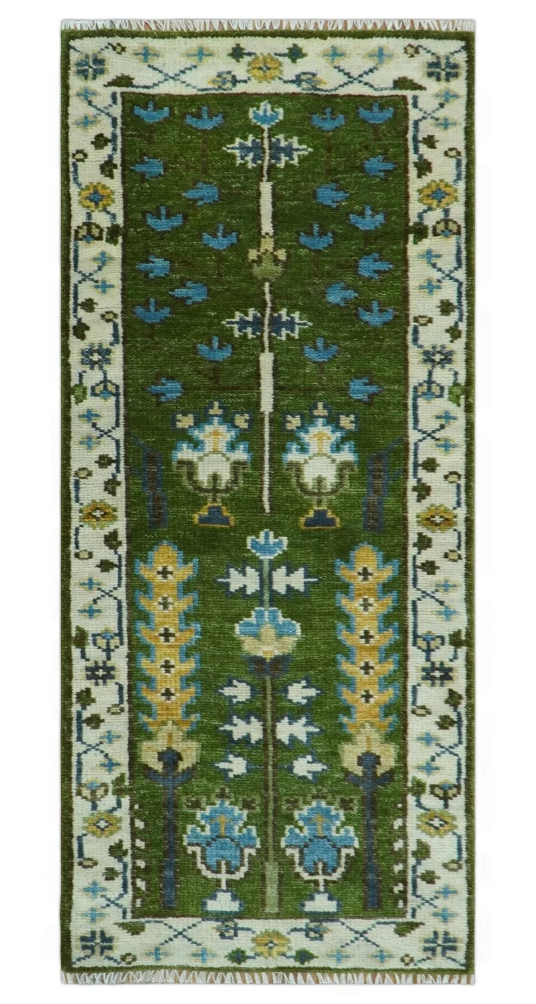 Hand Knotted Royal Green and Ivory Traditional Turkish Style Tree Of Life Multi Size Wool Area Rug - The Mayfair Hall