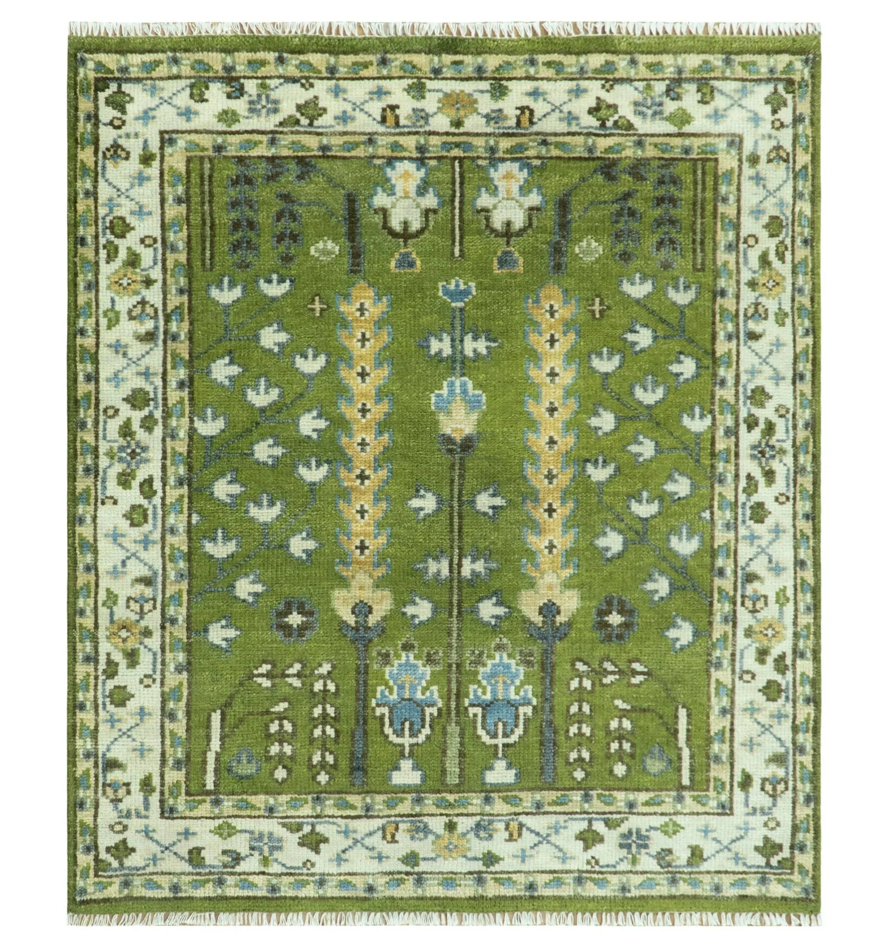Hand Knotted Royal Green and Ivory Traditional Turkish Style Tree Of Life Multi Size Wool Area Rug - The Mayfair Hall