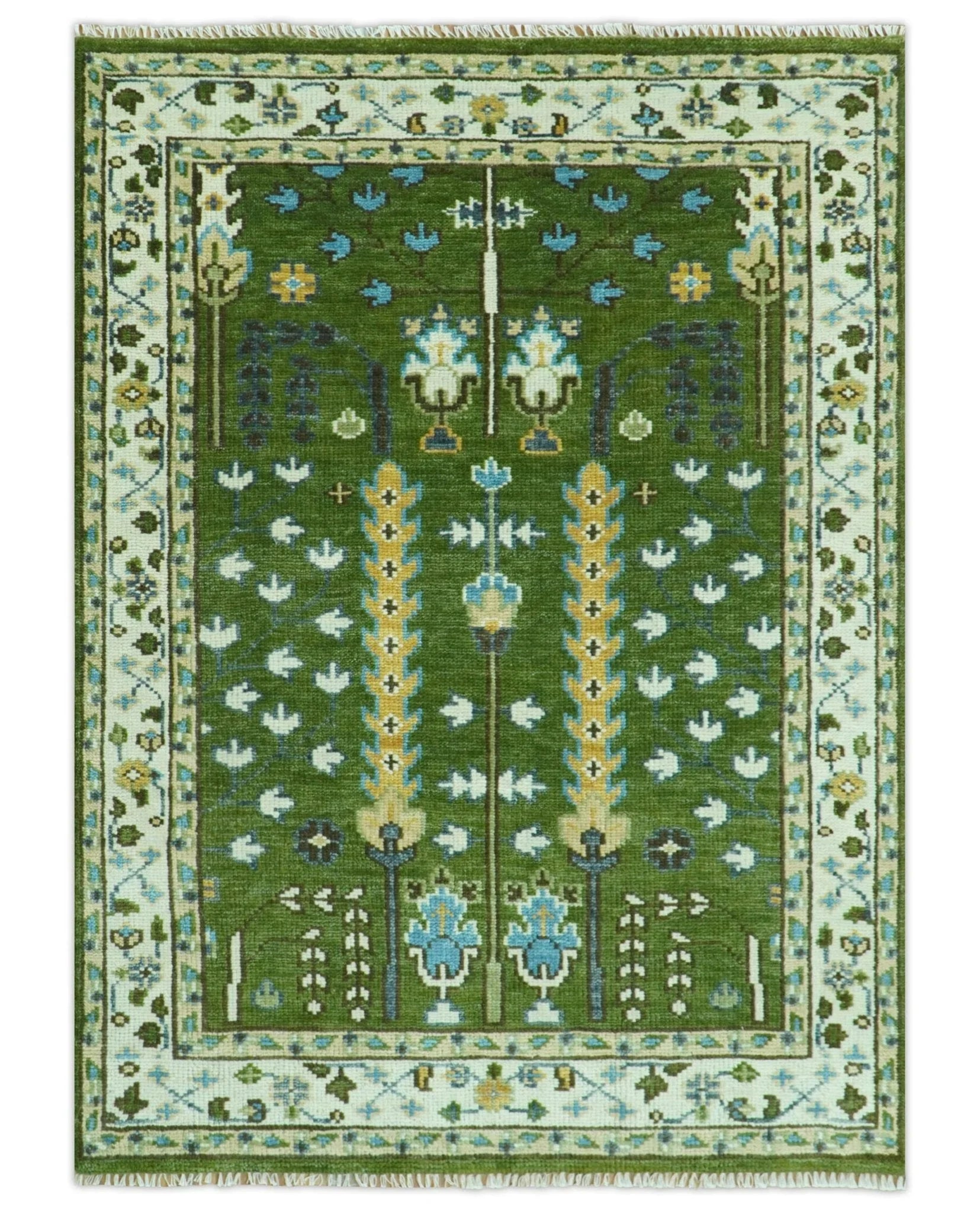 Hand Knotted Royal Green and Ivory Traditional Turkish Style Tree Of Life Multi Size Wool Area Rug - The Mayfair Hall