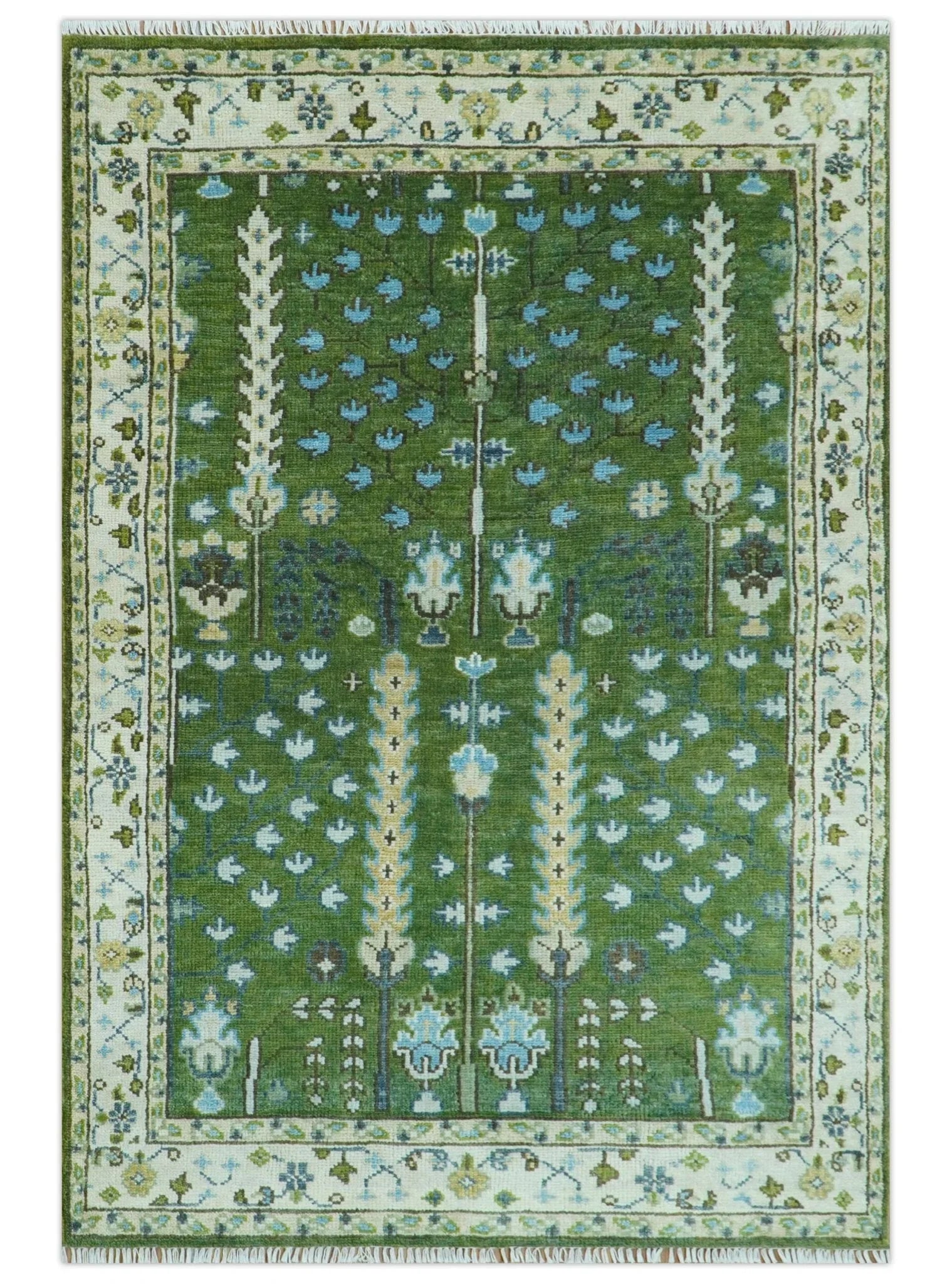 Hand Knotted Royal Green and Ivory Traditional Turkish Style Tree Of Life Multi Size Wool Area Rug - The Mayfair Hall