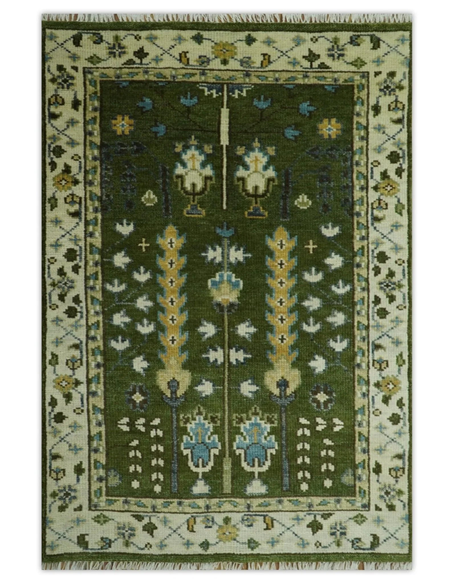 Hand Knotted Royal Green and Ivory Traditional Turkish Style Tree Of Life Multi Size Wool Area Rug - The Mayfair Hall