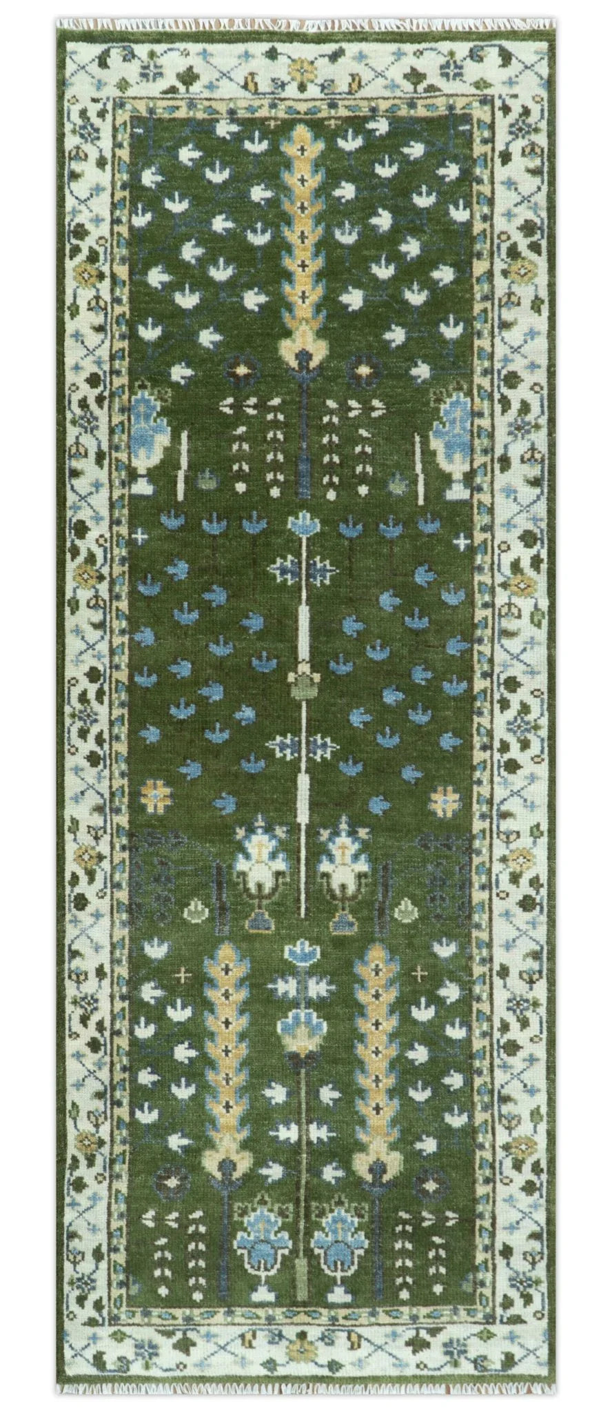 Hand Knotted Royal Green and Ivory Traditional Turkish Style Tree Of Life Multi Size Wool Area Rug - The Mayfair Hall