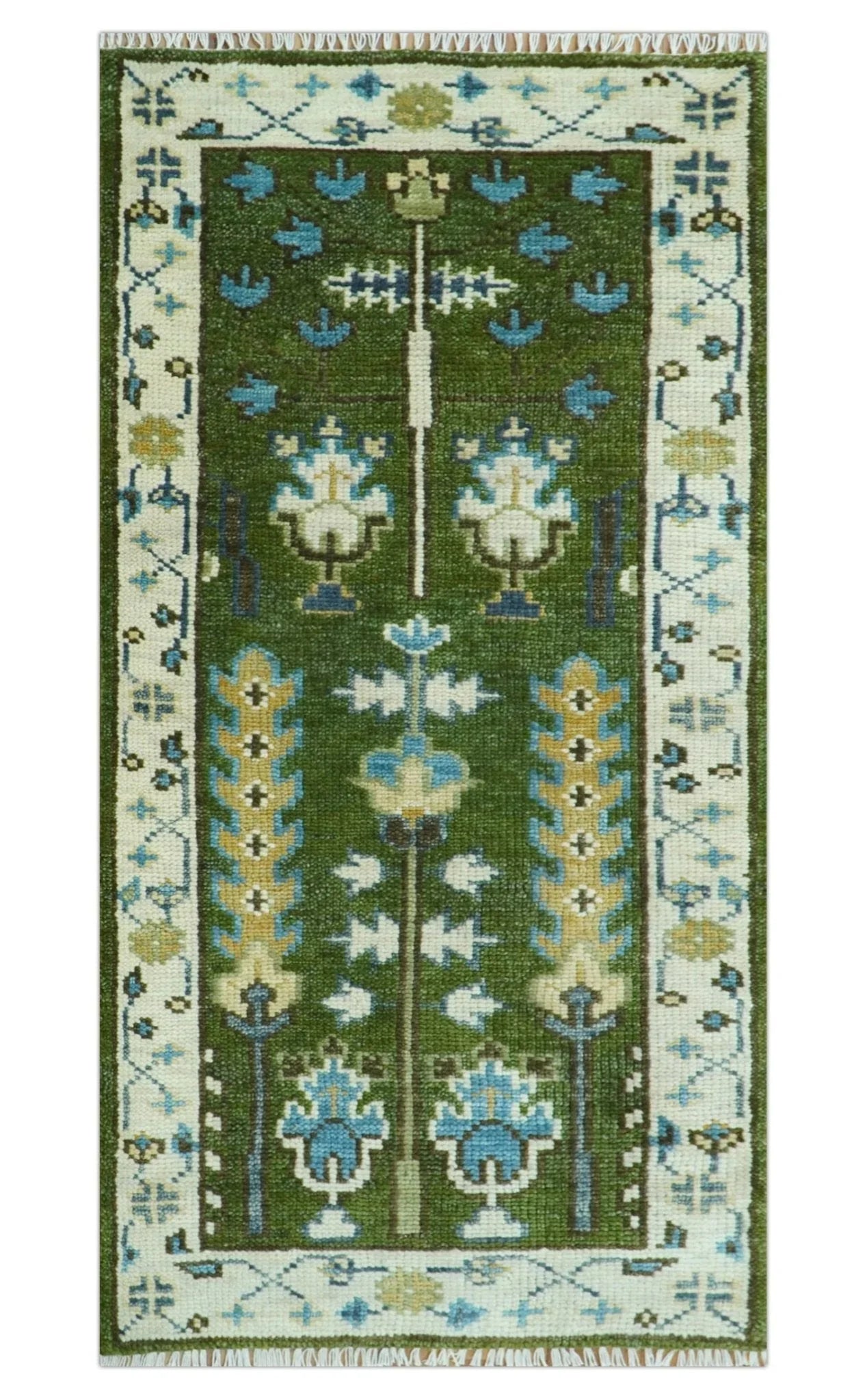 Hand Knotted Royal Green and Ivory Traditional Turkish Style Tree Of Life Multi Size Wool Area Rug - The Mayfair Hall