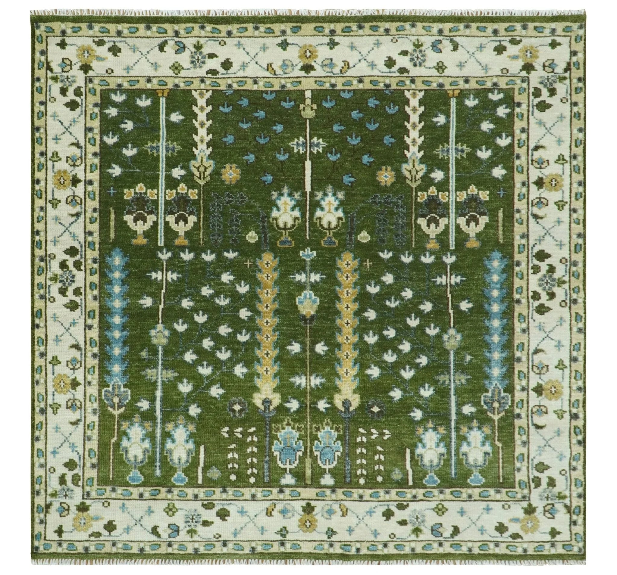 Hand Knotted Royal Green and Ivory Traditional Turkish Style Tree Of Life Multi Size Wool Area Rug - The Mayfair Hall