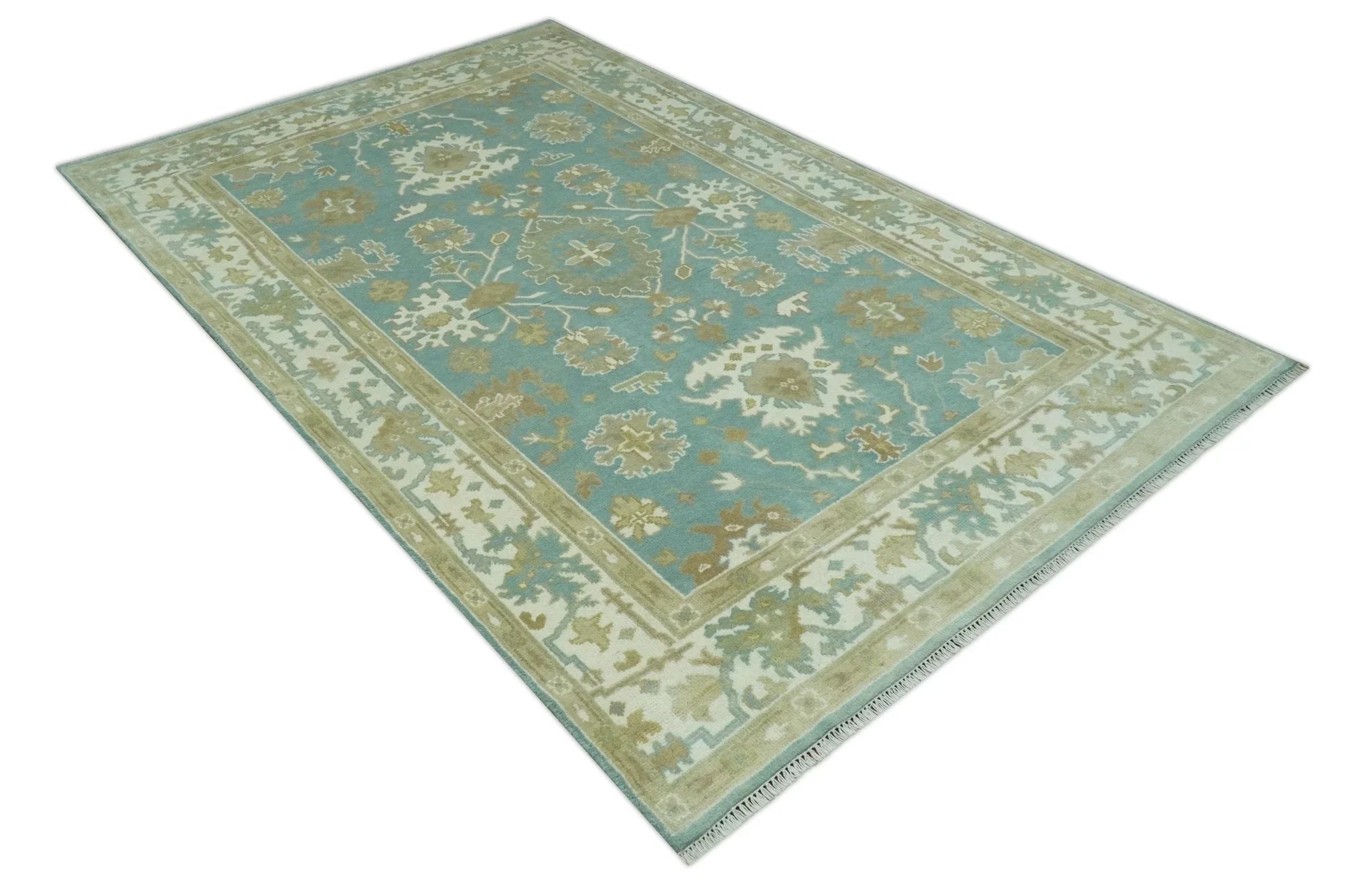 Hand Knotted Teal, Ivory and Beige Traditional Oriental Oushak Multi Size wool rug - The Mayfair Hall