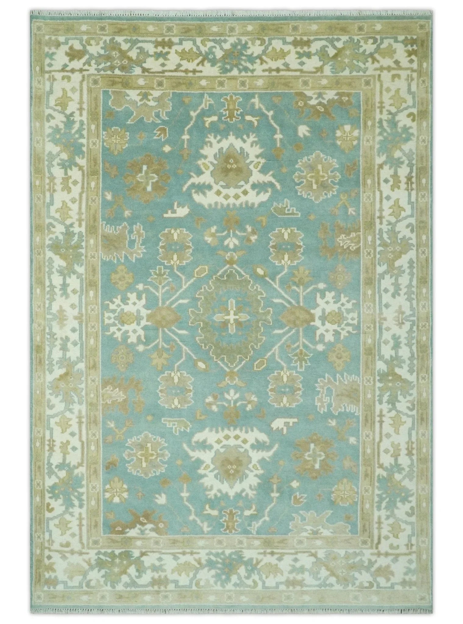 Hand Knotted Teal, Ivory and Beige Traditional Oriental Oushak Multi Size wool rug - The Mayfair Hall