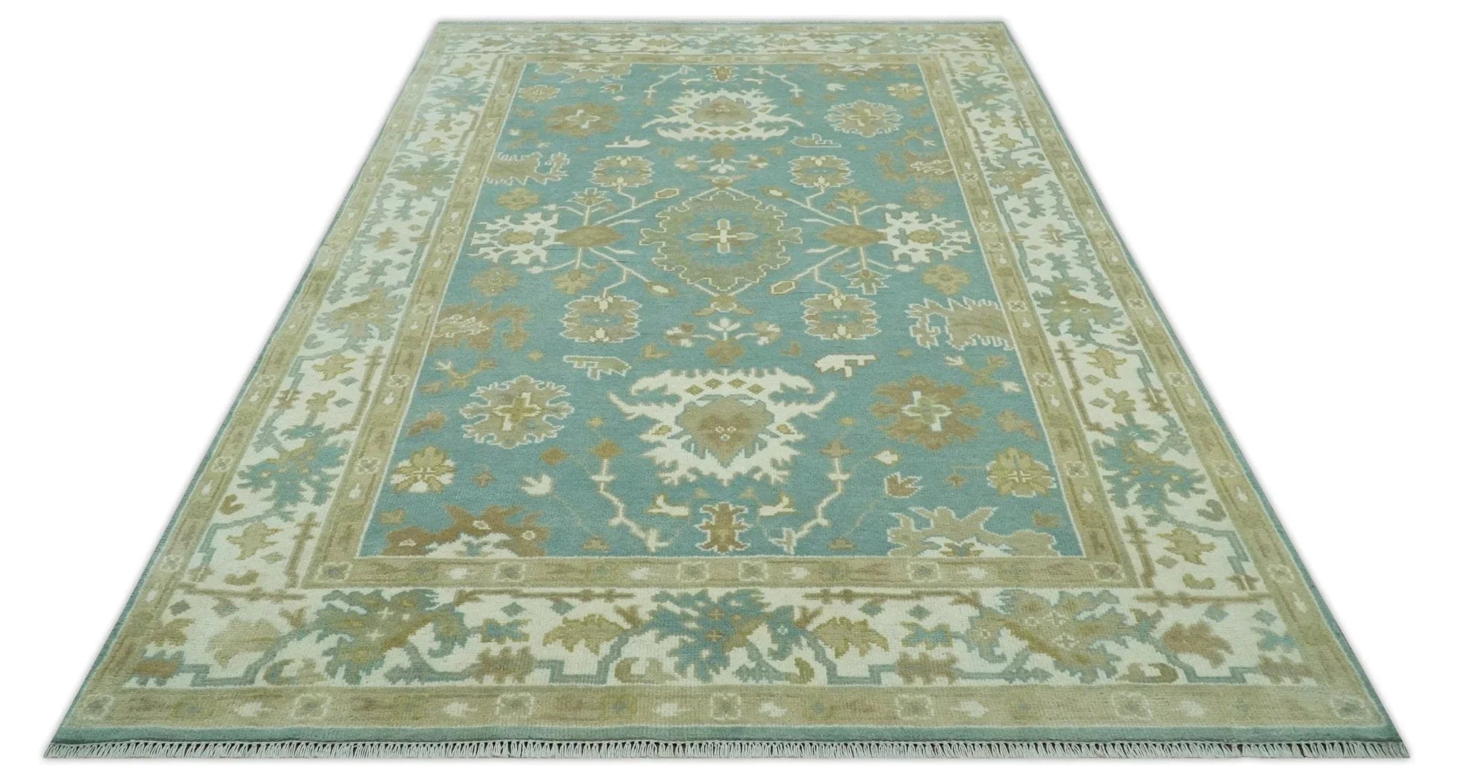 Hand Knotted Teal, Ivory and Beige Traditional Oriental Oushak Multi Size wool rug - The Mayfair Hall