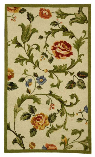 Chelsea Wool Rug in Ivory and Green with Floral Design - The Mayfair Hall