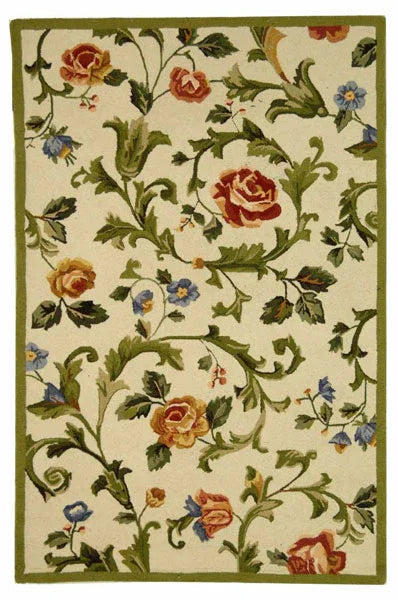 Chelsea Wool Rug in Ivory and Green with Floral Design - The Mayfair Hall
