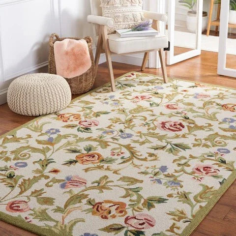 Chelsea Wool Rug in Ivory and Green with Floral Design - The Mayfair Hall