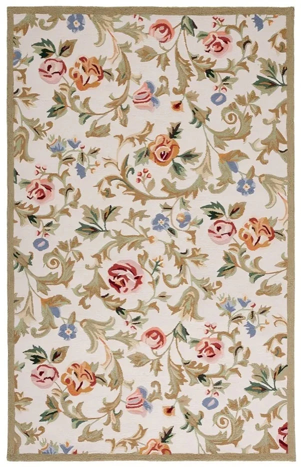 Chelsea Wool Rug in Ivory and Green with Floral Design - The Mayfair Hall