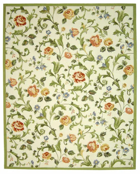 Chelsea Wool Rug in Ivory and Green with Floral Design - The Mayfair Hall
