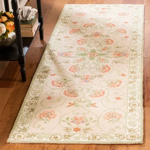 Chelsea Wool Rug in Beige and Green with Floral Design - The Mayfair Hall
