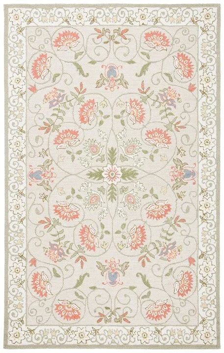 Chelsea Wool Rug in Beige and Green with Floral Design - The Mayfair Hall
