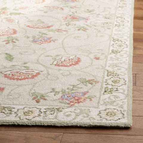 Chelsea Wool Rug in Beige and Green with Floral Design - The Mayfair Hall