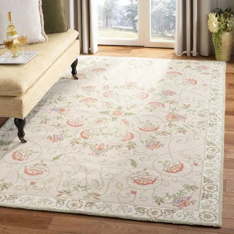 Chelsea Wool Rug in Beige and Green with Floral Design - The Mayfair Hall