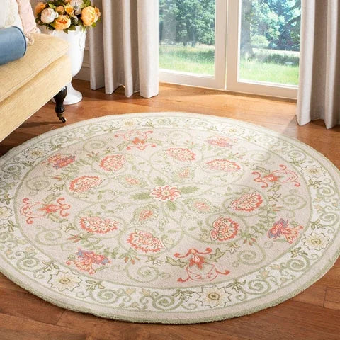 Chelsea Wool Rug in Beige and Green with Floral Design - The Mayfair Hall