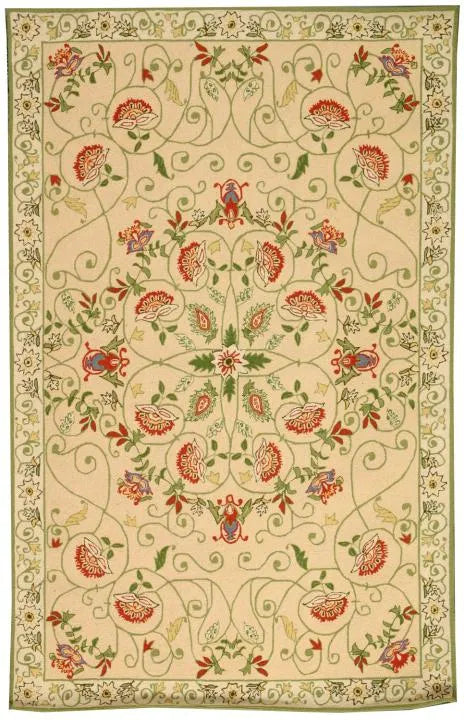 Chelsea Wool Rug in Beige and Green with Floral Design - The Mayfair Hall