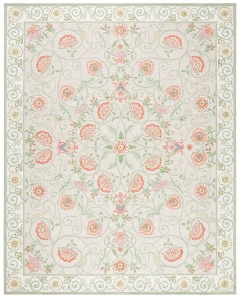 Chelsea Wool Rug in Beige and Green with Floral Design - The Mayfair Hall