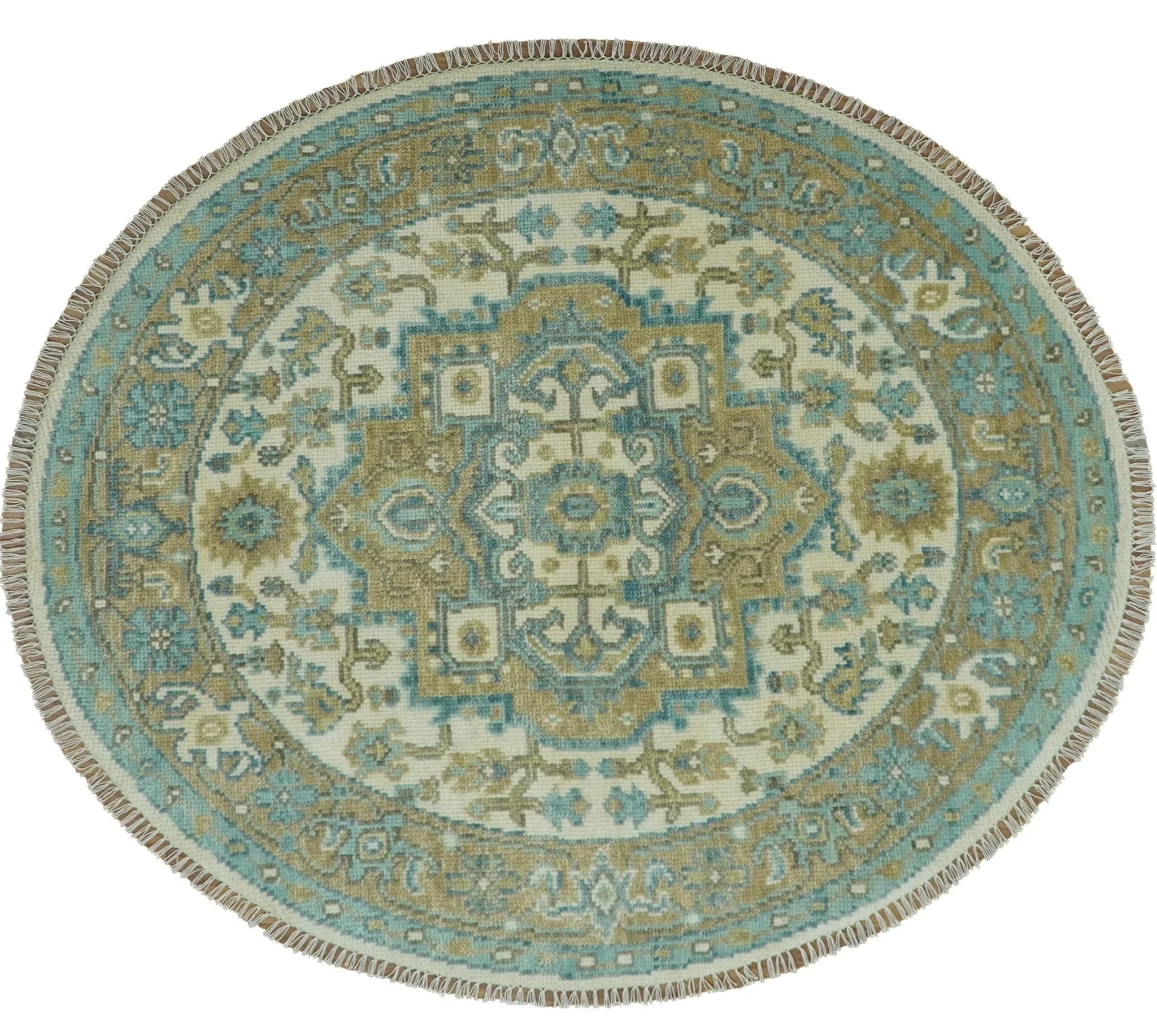 Ivory, Olive and Teal Hand Knotted Traditional Heriz Custom Made wool area rug - The Mayfair Hall
