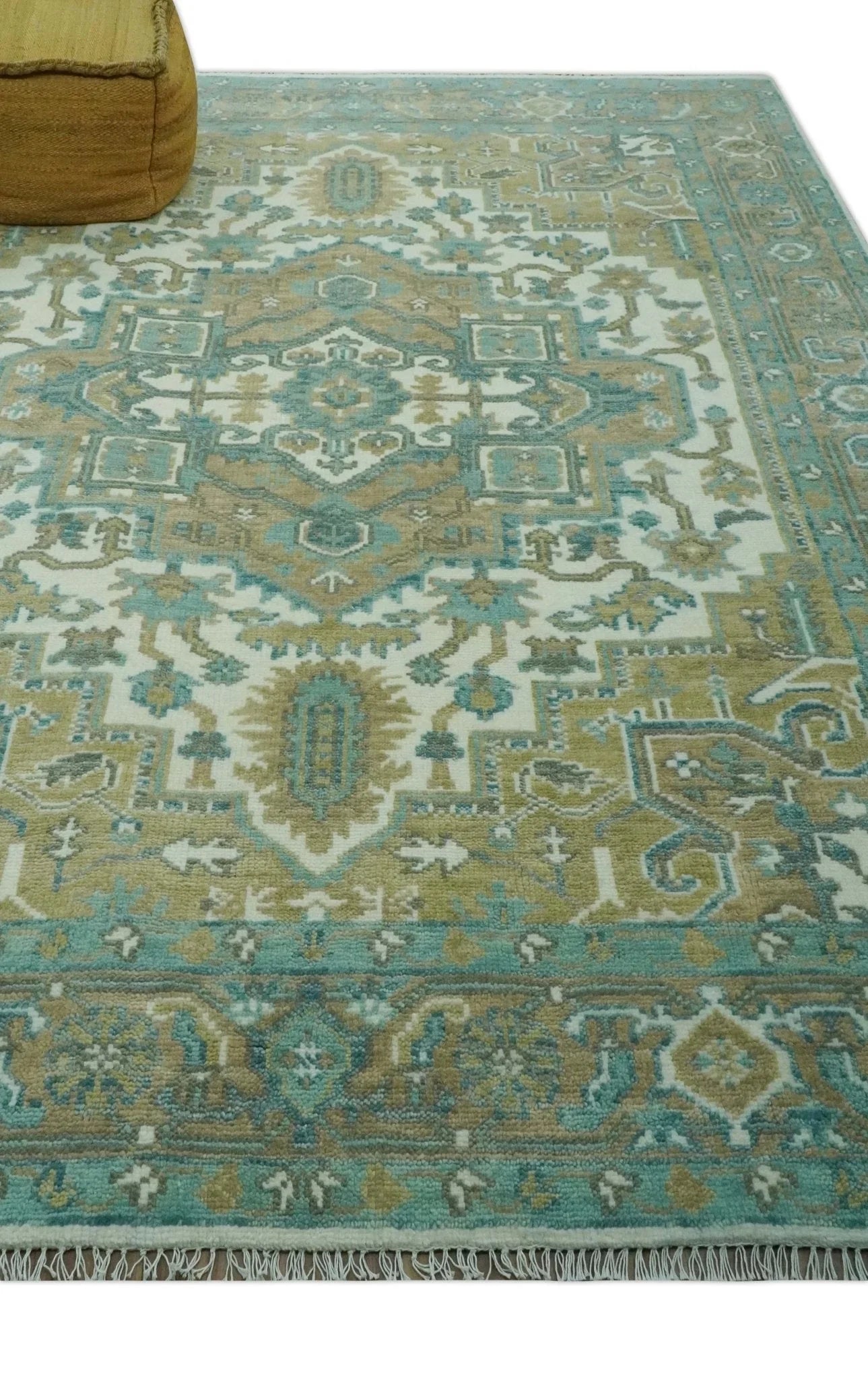 Ivory, Olive and Teal Hand Knotted Traditional Heriz Custom Made wool area rug - The Mayfair Hall