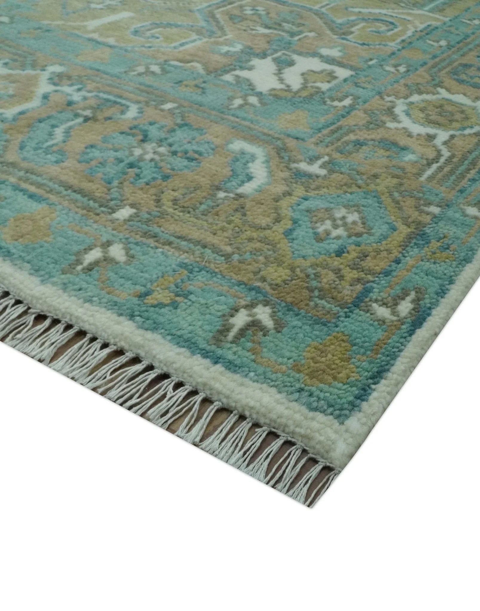 Ivory, Olive and Teal Hand Knotted Traditional Heriz Custom Made wool area rug - The Mayfair Hall