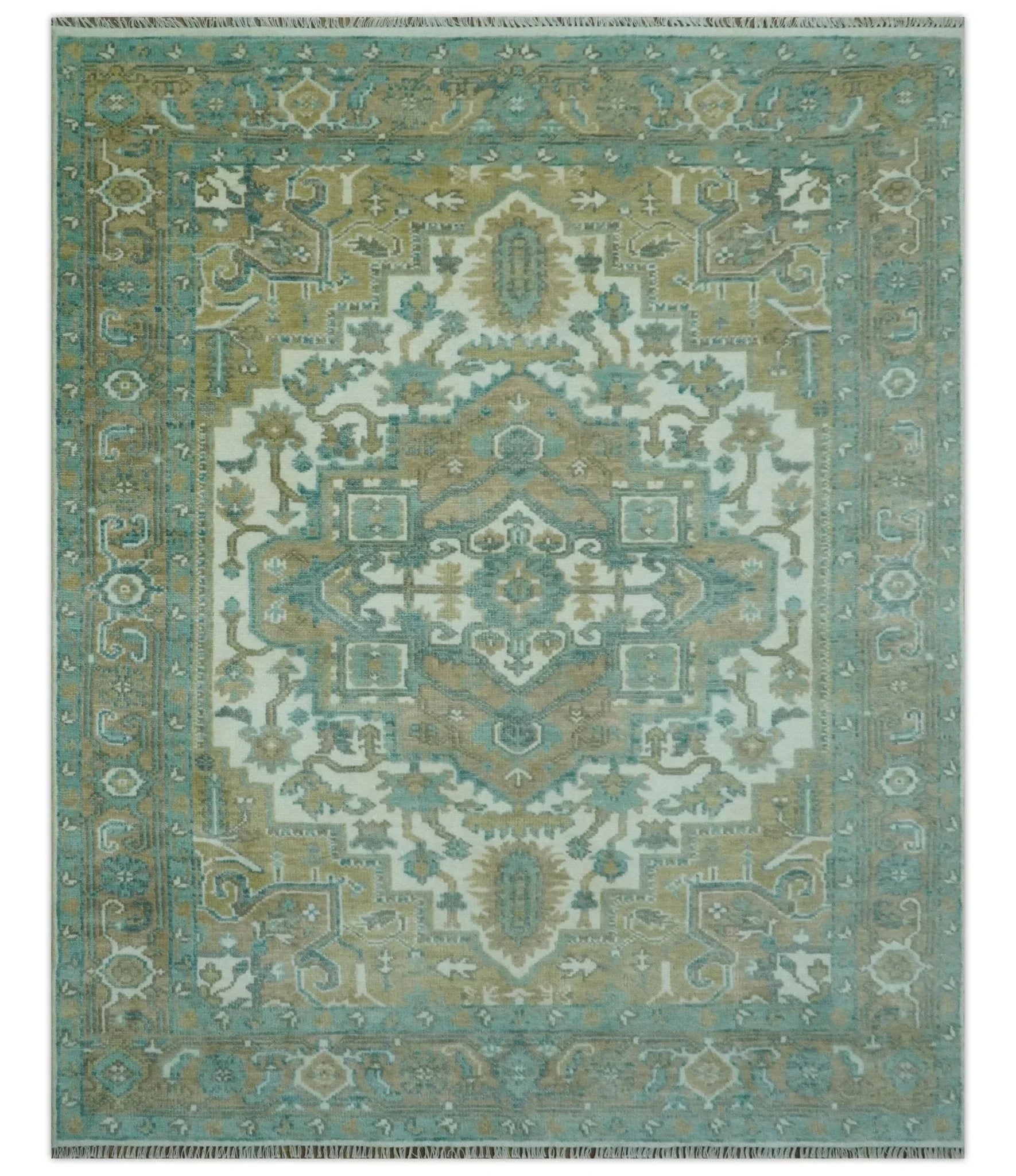 Ivory, Olive and Teal Hand Knotted Traditional Heriz Custom Made wool area rug - The Mayfair Hall