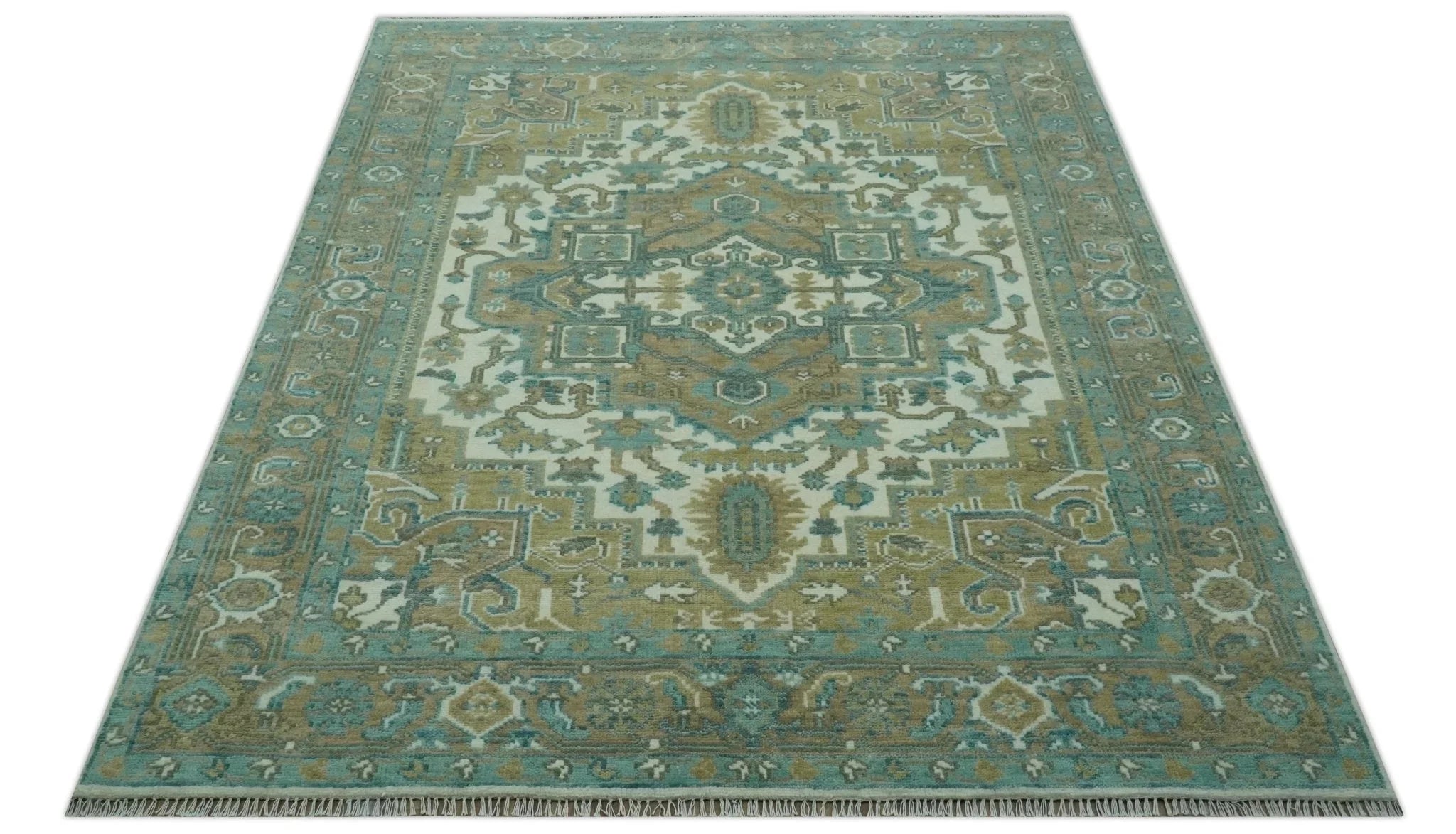 Ivory, Olive and Teal Hand Knotted Traditional Heriz Custom Made wool area rug - The Mayfair Hall