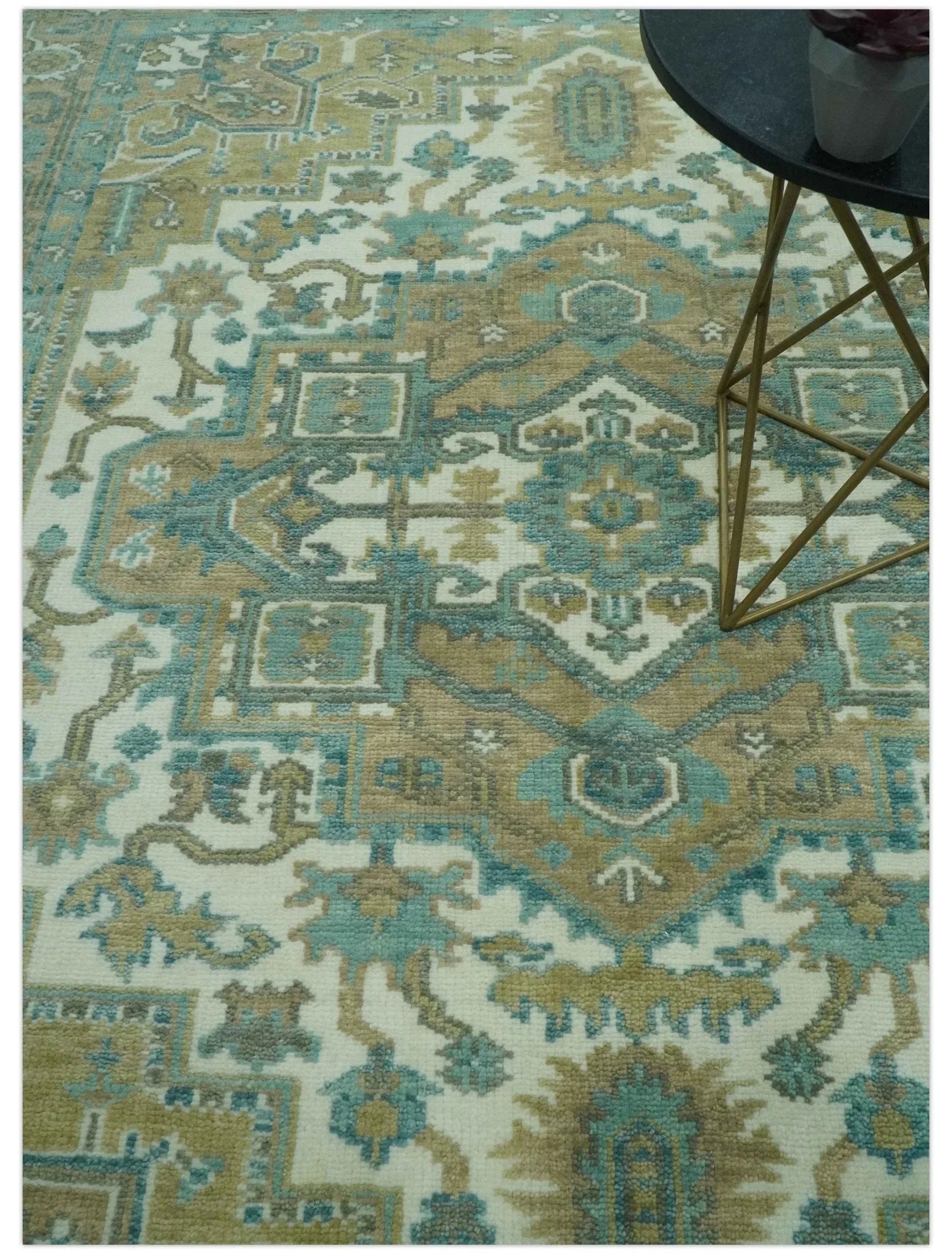 Ivory, Olive and Teal Hand Knotted Traditional Heriz Custom Made wool area rug - The Mayfair Hall