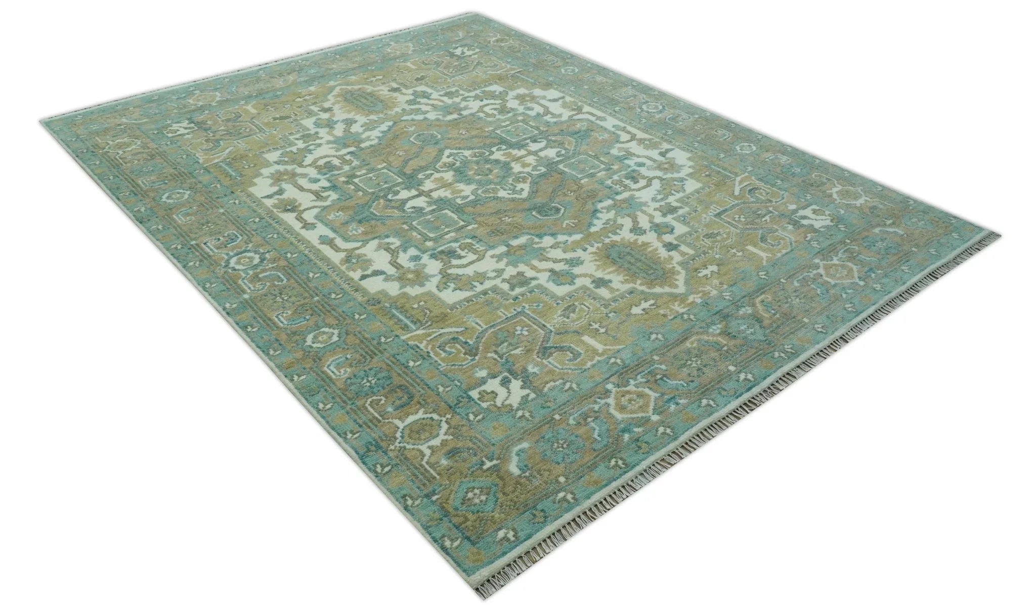 Ivory, Olive and Teal Hand Knotted Traditional Heriz Custom Made wool area rug - The Mayfair Hall