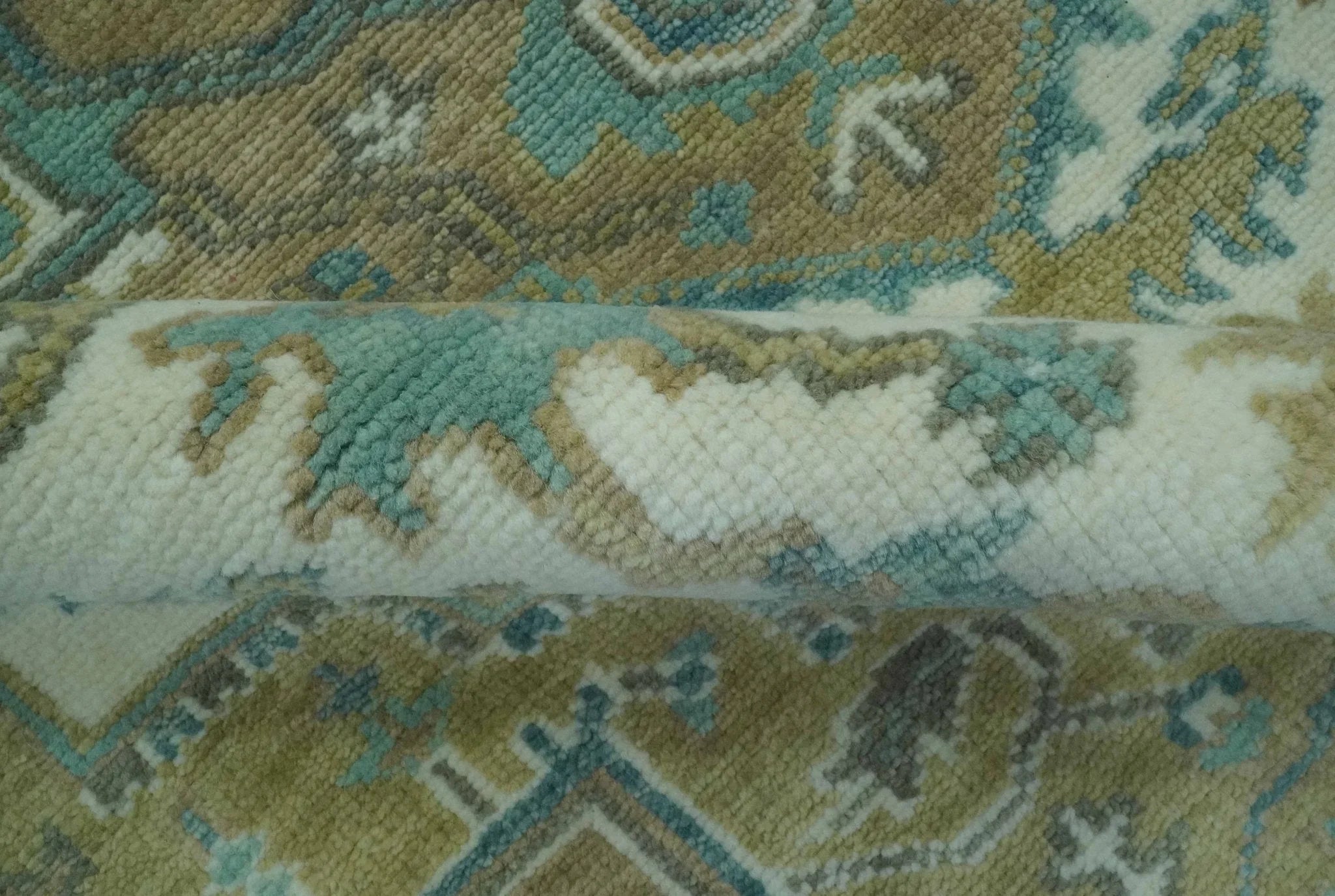 Ivory, Olive and Teal Hand Knotted Traditional Heriz Custom Made wool area rug - The Mayfair Hall