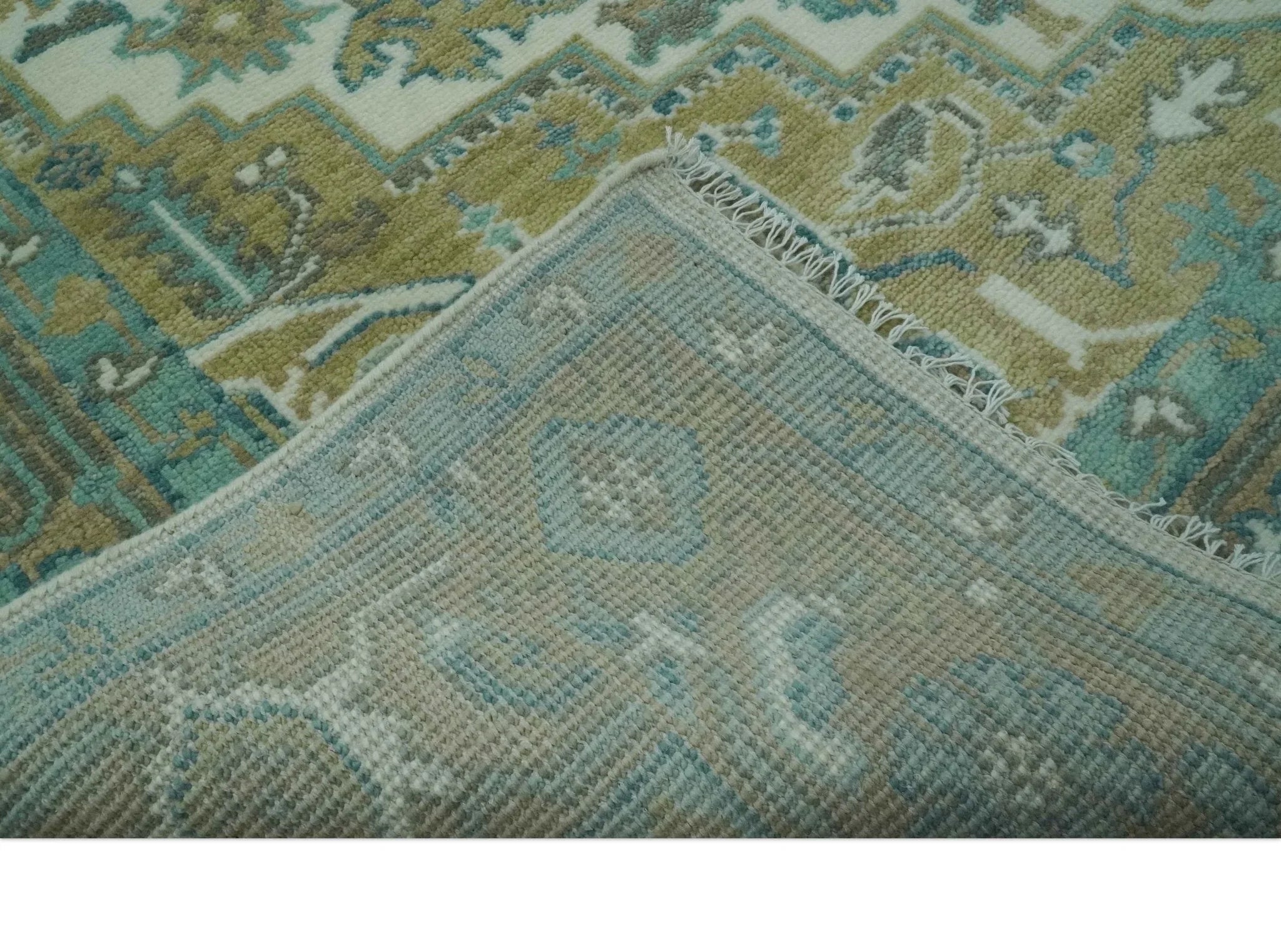 Ivory, Olive and Teal Hand Knotted Traditional Heriz Custom Made wool area rug - The Mayfair Hall