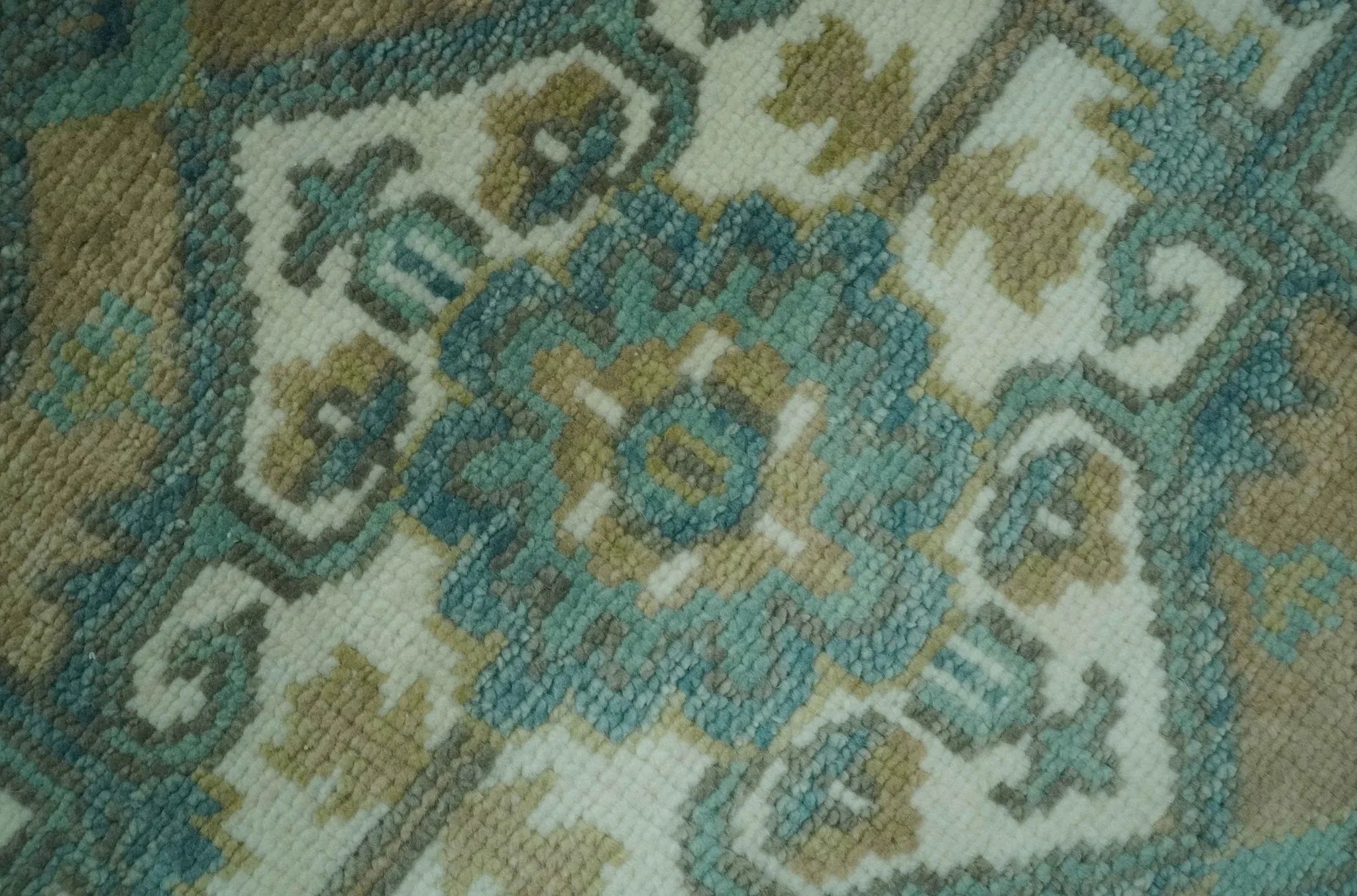 Ivory, Olive and Teal Hand Knotted Traditional Heriz Custom Made wool area rug - The Mayfair Hall