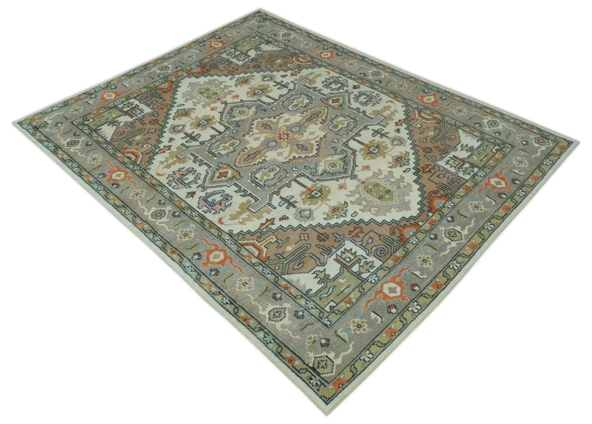 Ivory, Silver, Peach and Olive Traditional Heriz Hand Knotted Multi Size wool Area Rug - The Mayfair Hall