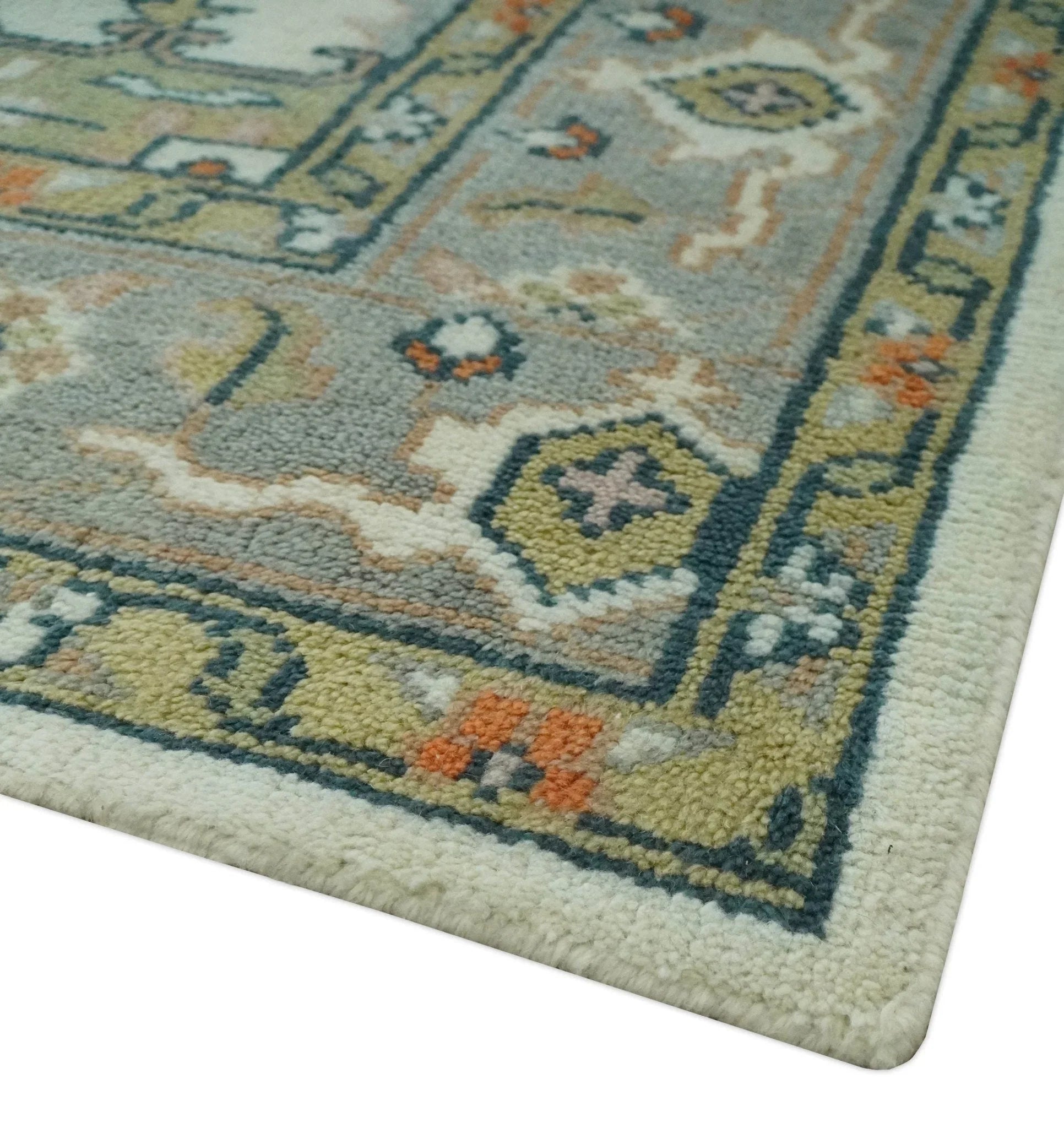 Ivory, Silver, Peach and Olive Traditional Heriz Hand Knotted Multi Size wool Area Rug - The Mayfair Hall