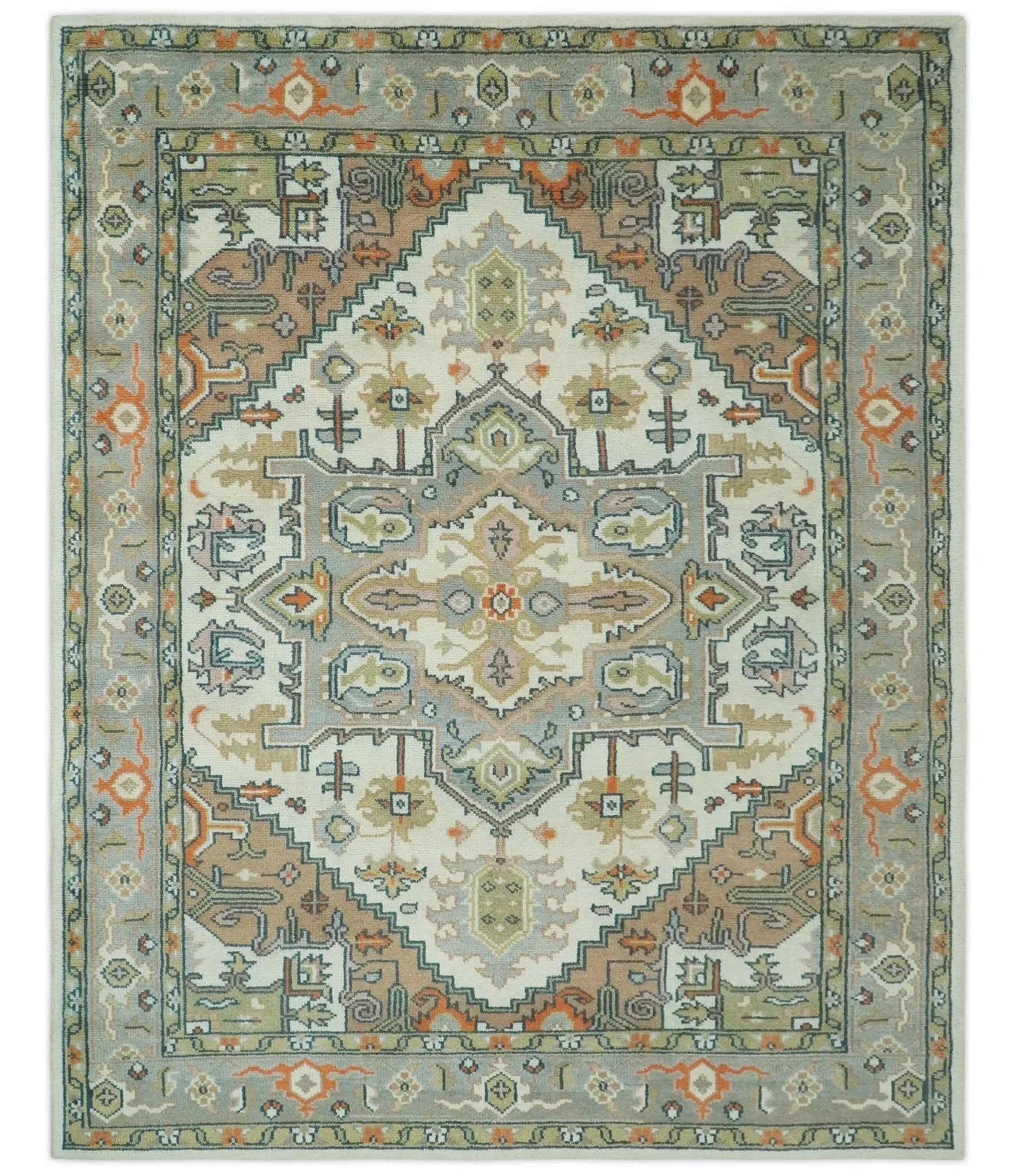 Ivory, Silver, Peach and Olive Traditional Heriz Hand Knotted Multi Size wool Area Rug - The Mayfair Hall