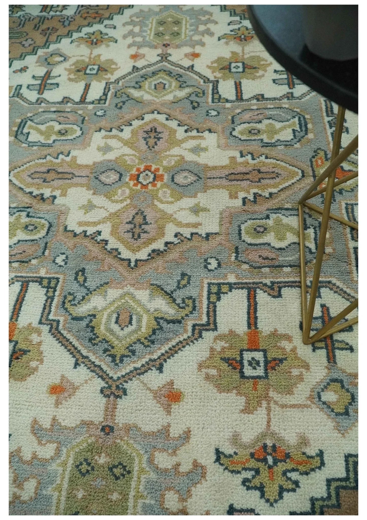 Ivory, Silver, Peach and Olive Traditional Heriz Hand Knotted Multi Size wool Area Rug - The Mayfair Hall