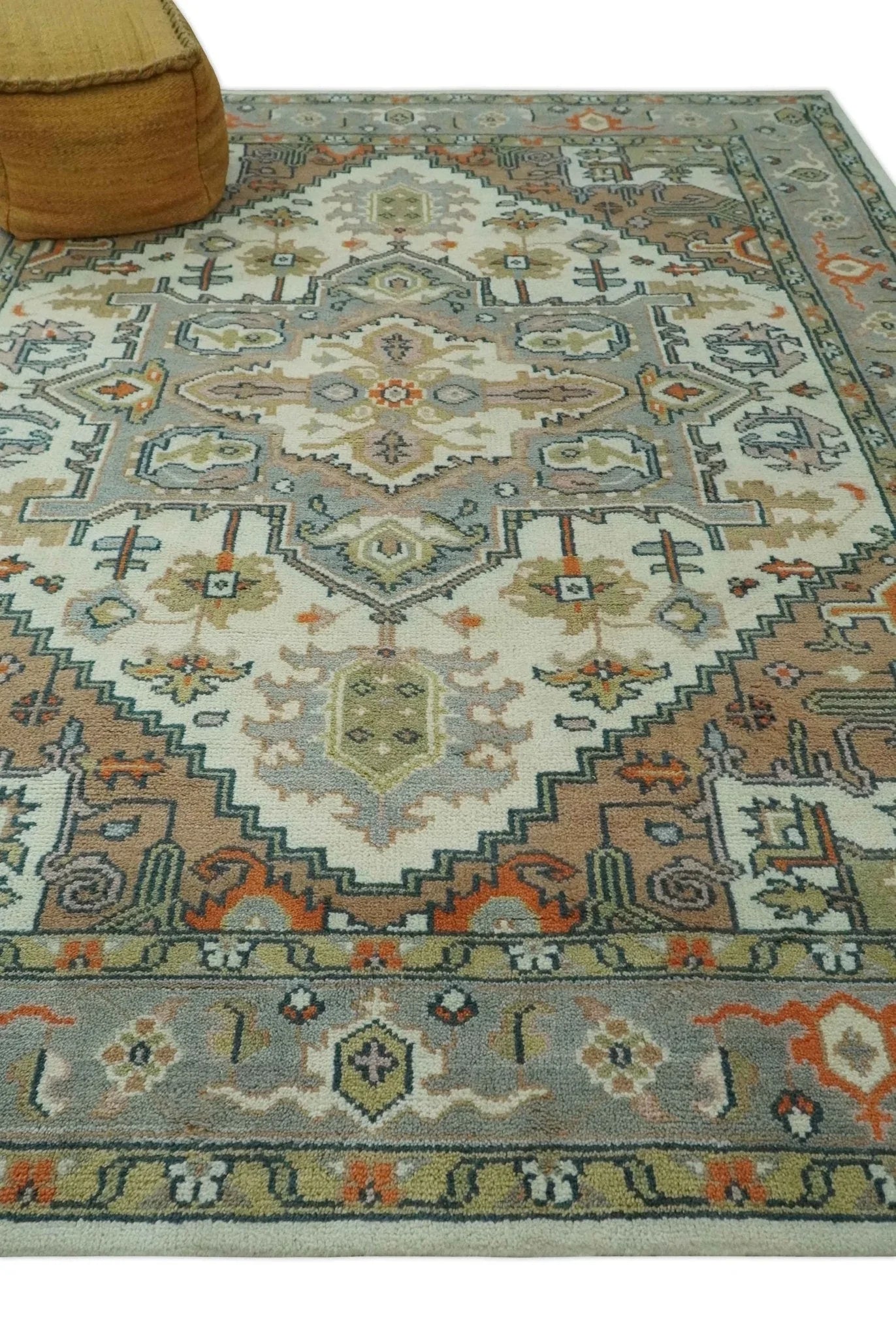 Ivory, Silver, Peach and Olive Traditional Heriz Hand Knotted Multi Size wool Area Rug - The Mayfair Hall