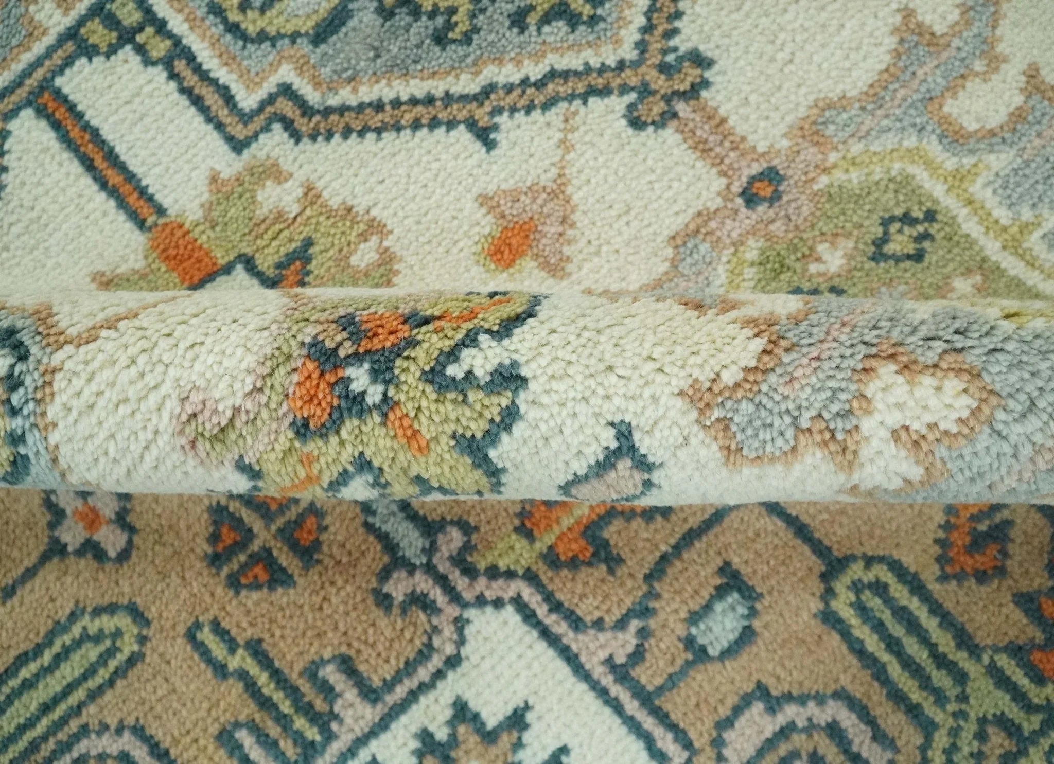 Ivory, Silver, Peach and Olive Traditional Heriz Hand Knotted Multi Size wool Area Rug - The Mayfair Hall