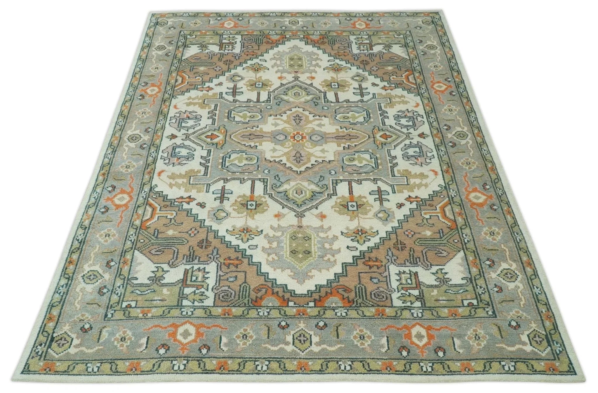 Ivory, Silver, Peach and Olive Traditional Heriz Hand Knotted Multi Size wool Area Rug - The Mayfair Hall