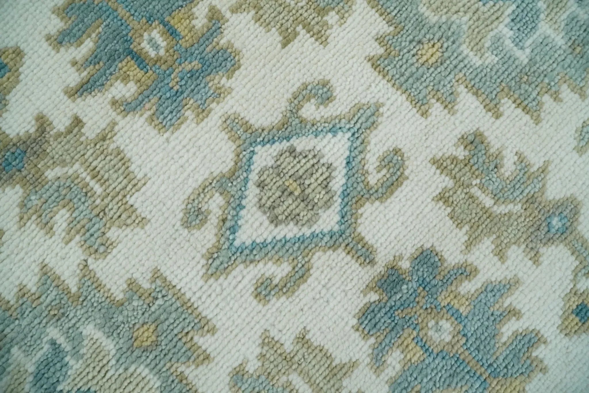 Hand Knotted Oriental Oushak Teal, Ivory and Beige Custom Made Wool Area Rug - The Mayfair Hall