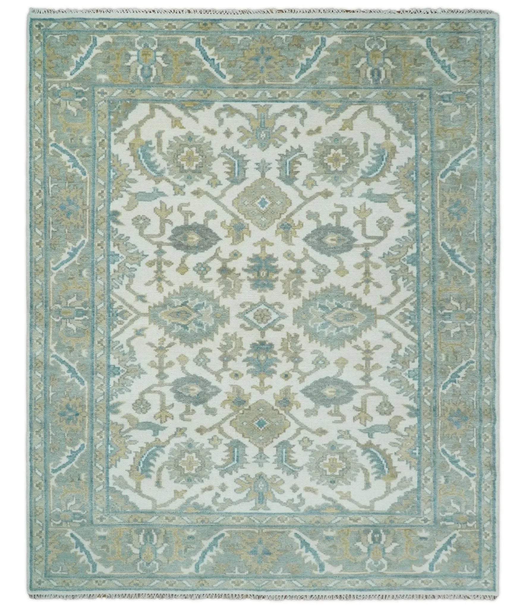 Hand Knotted Oriental Oushak Teal, Ivory and Beige Custom Made Wool Area Rug - The Mayfair Hall