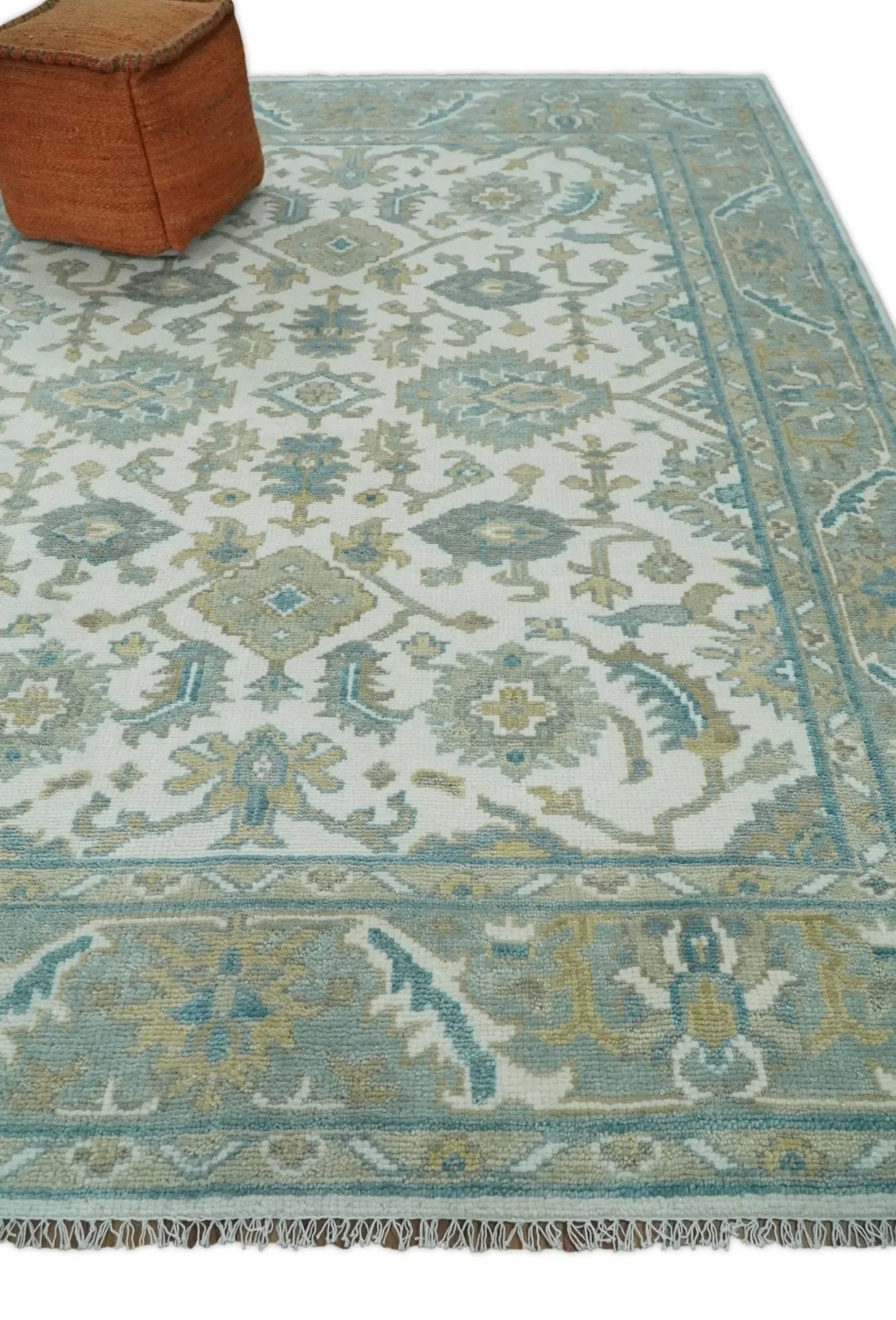 Hand Knotted Oriental Oushak Teal, Ivory and Beige Custom Made Wool Area Rug - The Mayfair Hall