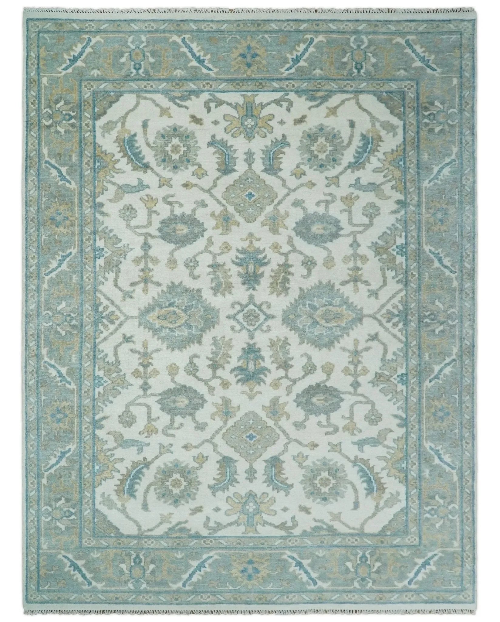 Hand Knotted Oriental Oushak Teal, Ivory and Beige Custom Made Wool Area Rug - The Mayfair Hall