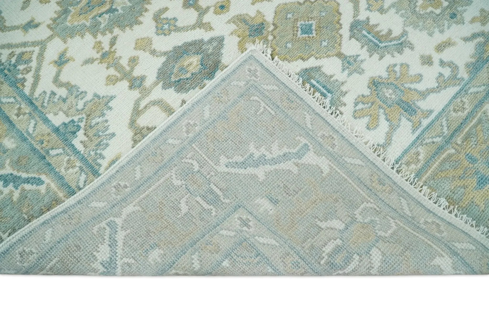 Hand Knotted Oriental Oushak Teal, Ivory and Beige Custom Made Wool Area Rug - The Mayfair Hall