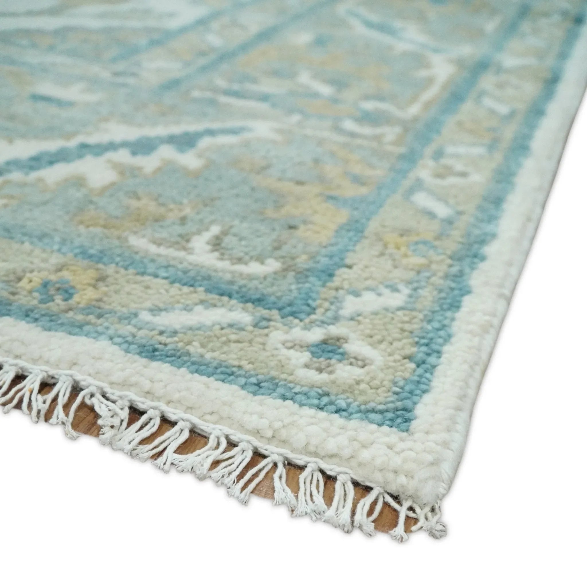 Hand Knotted Oriental Oushak Teal, Ivory and Beige Custom Made Wool Area Rug - The Mayfair Hall